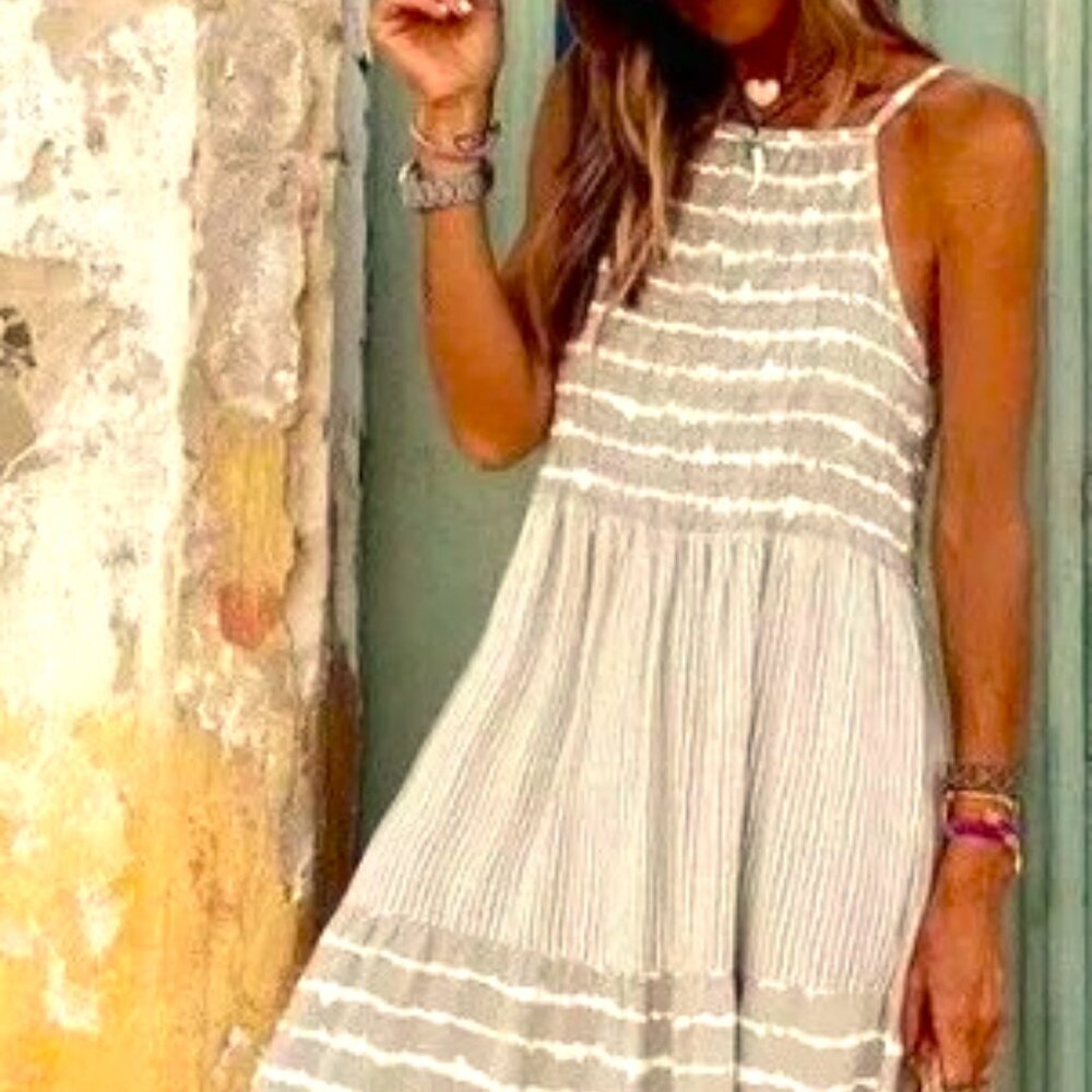 STRIPED DAILY STREETWEAR M & XL GREY BROWN MID WAIST SWING MAXI DRESS